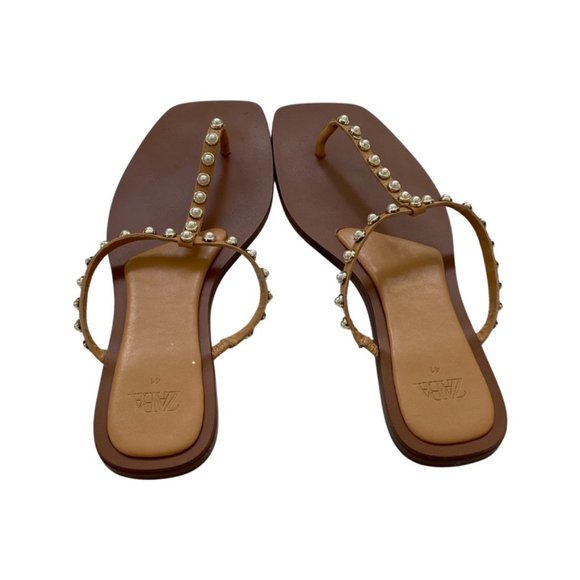 Zara Brown Thong Pearl Detail Sandals Size 41 - Picture 3 of 6